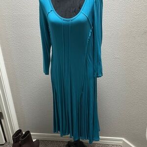 Blue Ribbed Fit and Flare Long Sleeve Dress